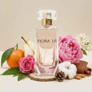 Genzey Fiora 18 perfume bottle surrounded by roses, peonies, orange, pear, and natural floral elements