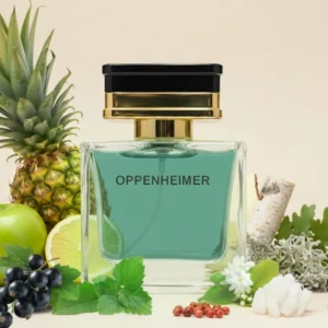 Genzey Oppenheimer perfume bottle surrounded by pineapple, green apple, lime, blackcurrants, fresh herbs, white blossoms, and woody elements