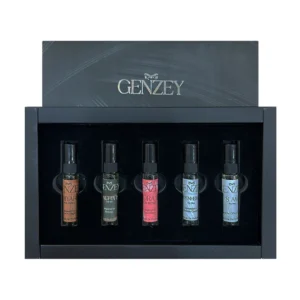 Genzey perfume gift set featuring five signature fragrance bottles in a sleek black box