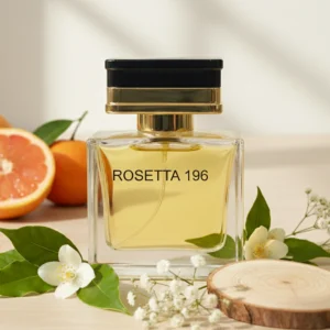 Genzey Rosetta 196 perfume bottle surrounded by citrus fruits and white flowers on a wooden surface