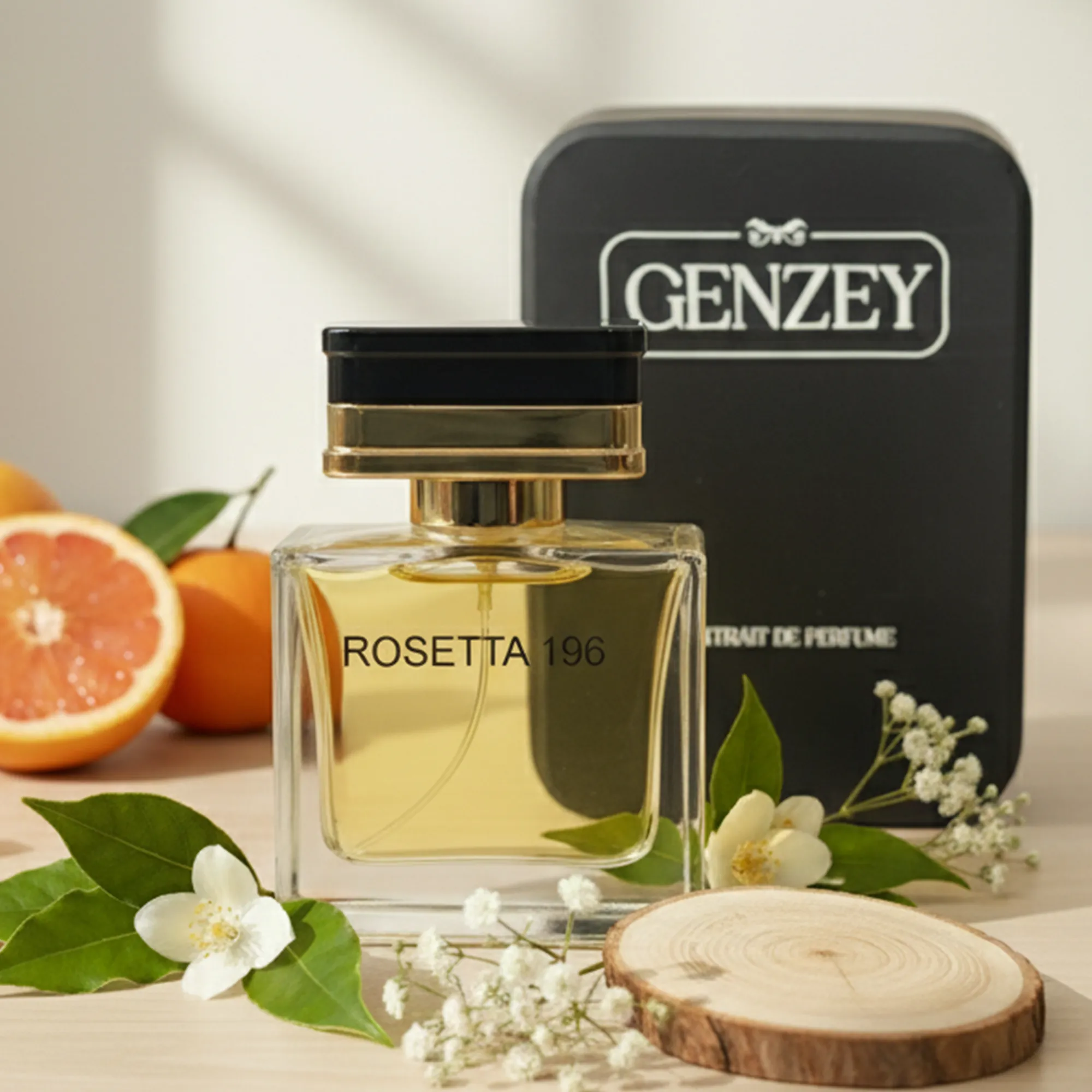 Minimalist Genzey Rosetta 196 perfume bottle with golden liquid on a white background