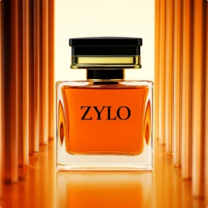 Elegant Zylo perfume bottle with amber liquid, highlighted by golden reflections for a luxurious fragrance look.